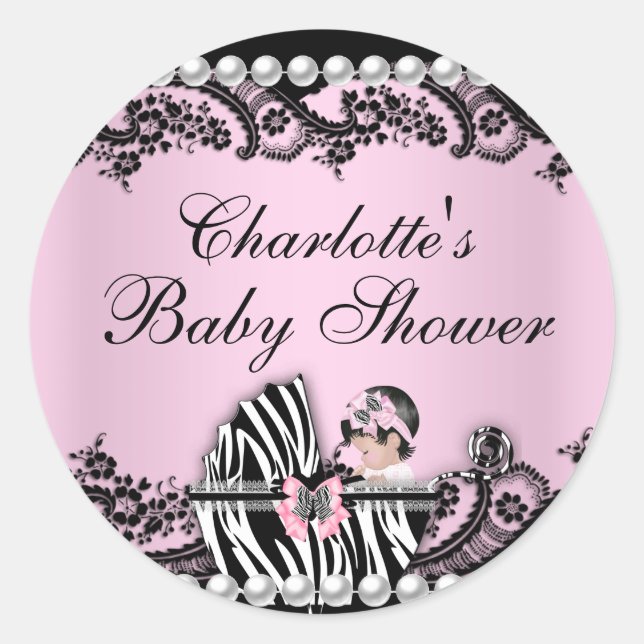 Rond Sticker en dentelle rose Zebra baby shower mignonn (Devant)
