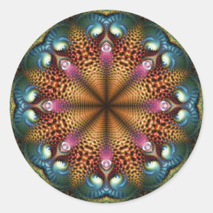 Rond Sticker en étoile fractale Aqua Golden Mandala