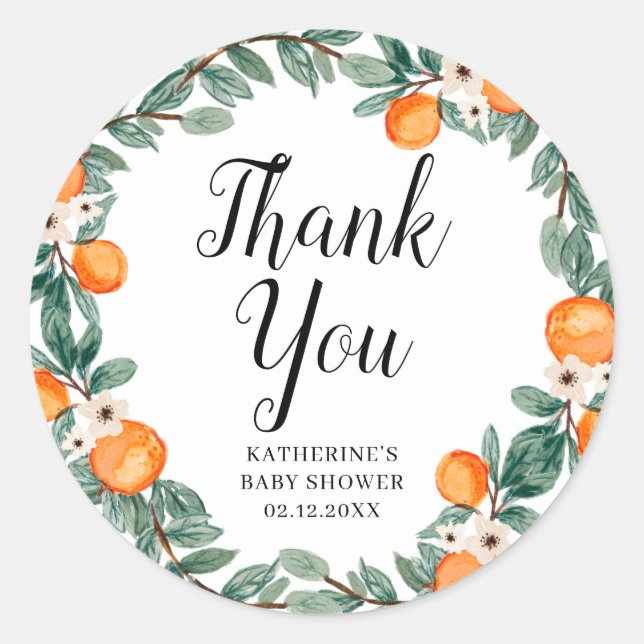 Rond Sticker en Merci Baby shower double Oranges (Devant)