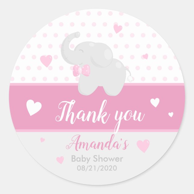 Rond Sticker en Merci Baby shower rose éléphant (Devant)
