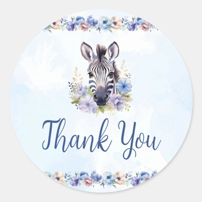 Rond Sticker en Merci bleu floral Zebra (Devant)