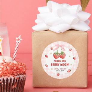Rond Sticker en Merci d'anniversaire En vichy fraise ro