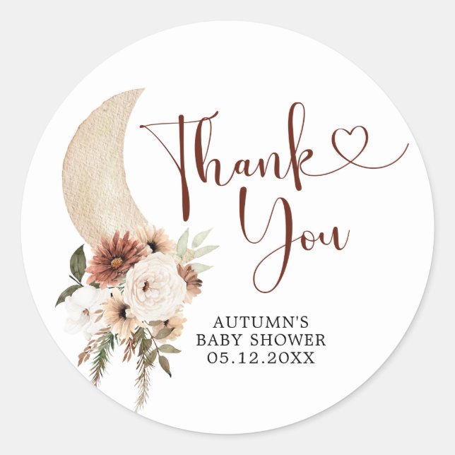 Rond Sticker en Merci de Baby shower Boho Beige Moon (Devant)