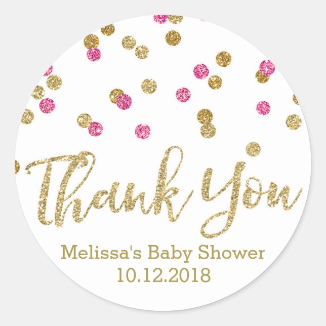 Rond Sticker en Merci de Baby shower Confetti en or ros (Devant)