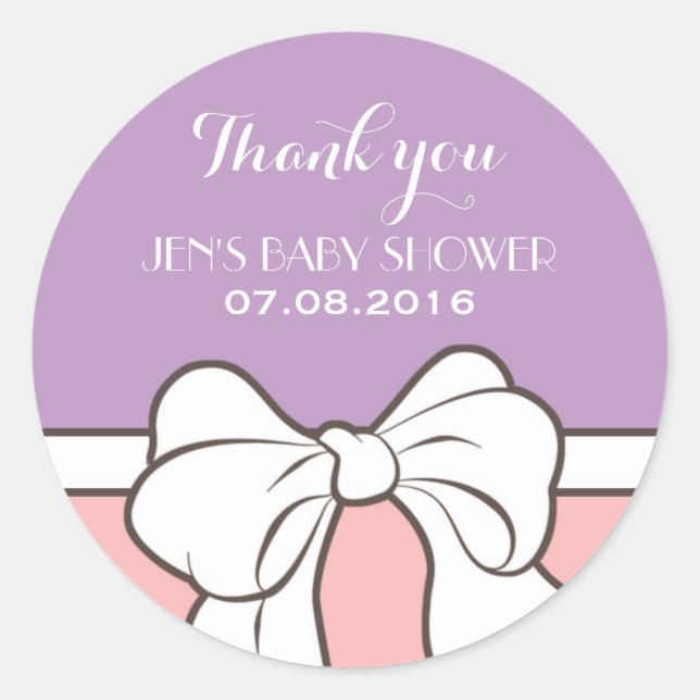Rond Sticker en Merci de Baby shower de ruban rose viol (Devant)