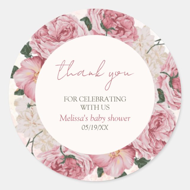 Rond Sticker en Merci de Baby shower rose (Devant)