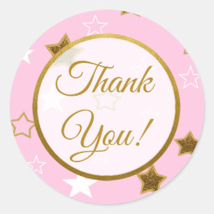 Rond Sticker en Merci de Baby shower Rose et Gold Stars