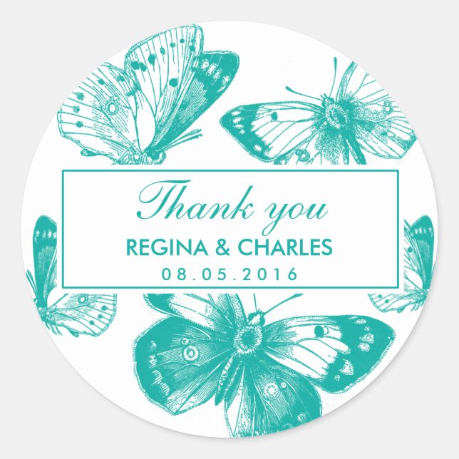 Rond Sticker en Merci de Mariage de papillon bleu vinta (Devant)