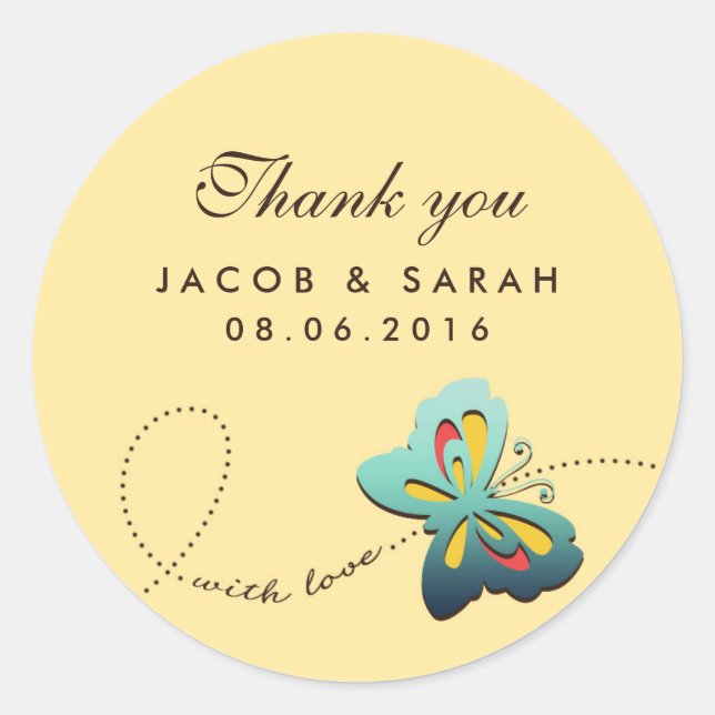 Rond Sticker en Merci de Mariage de papillon jaune (Devant)