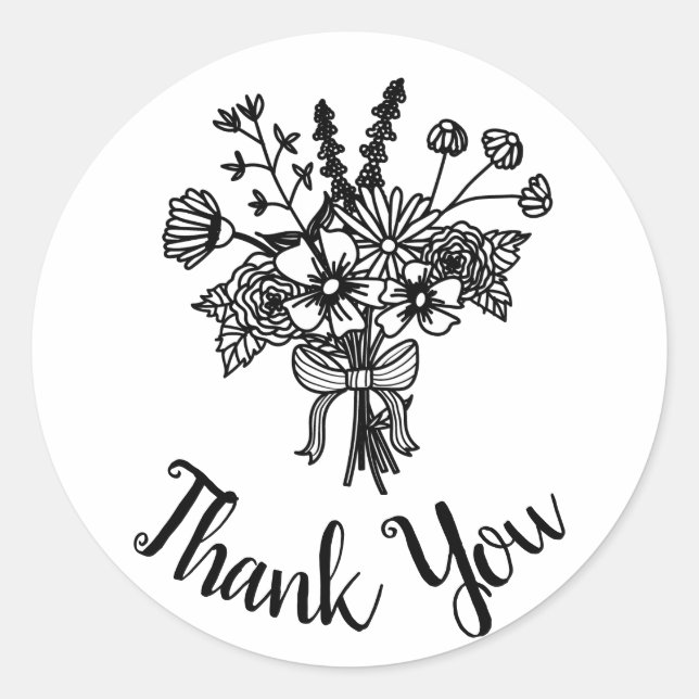 Rond Sticker en Merci Fleur sauvage noir et blanc (Devant)