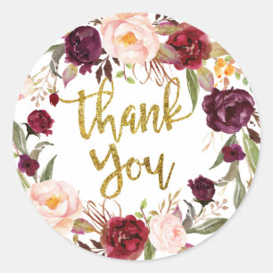 Rond Sticker en Merci Floral Gold et Red Marsala