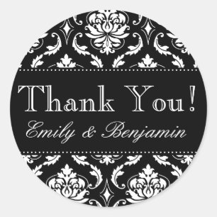 Rond Sticker en Merci Mariage damassé noir blanc