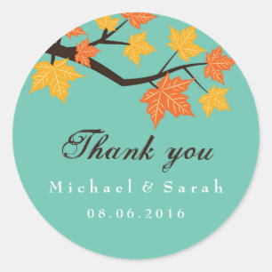 Rond Sticker en Merci Mariage de automne Feuille turquo