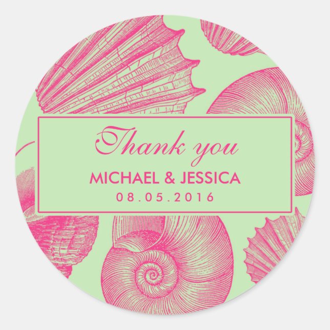 Rond Sticker en Merci Mariage de coquillages vert et ro (Devant)