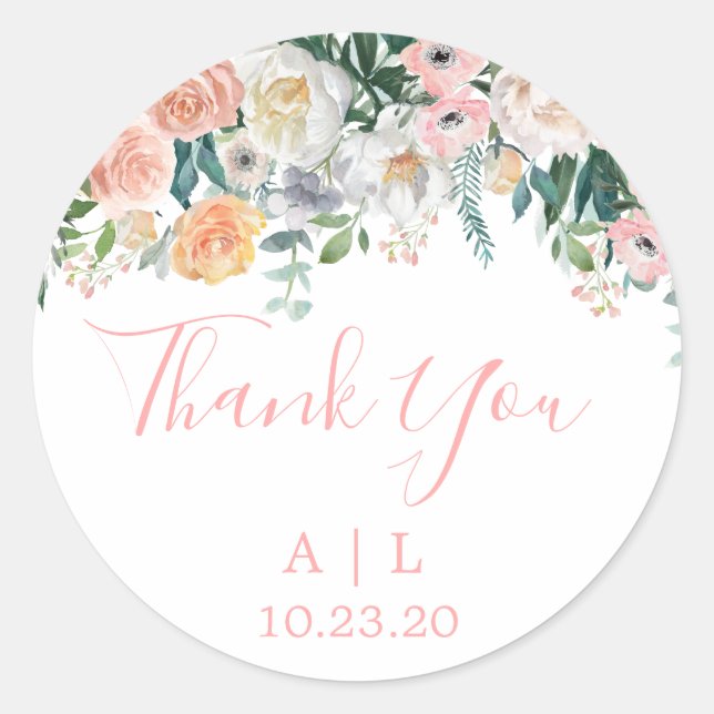 Rond Sticker en Merci Mariage floral brillant romantiqu (Devant)