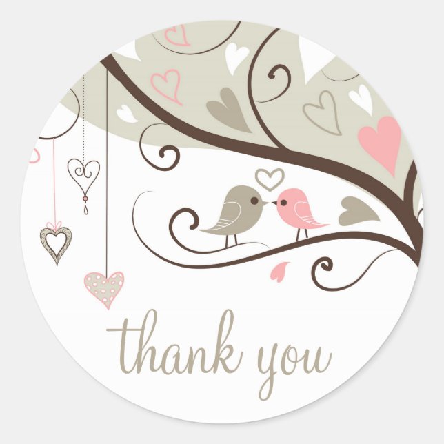 Rond Sticker en Merci Mariage gris et rose Inséparables (Devant)