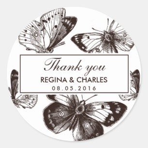 Rond Sticker en Merci Mariage papillon Brown vintage