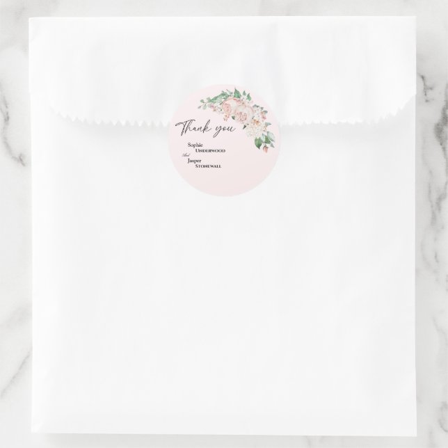 Rond Sticker en Merci Mariage rose flou (Sac)