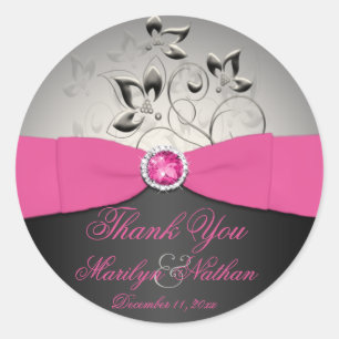 Rond Sticker en Merci Mariage rose, noir et argent