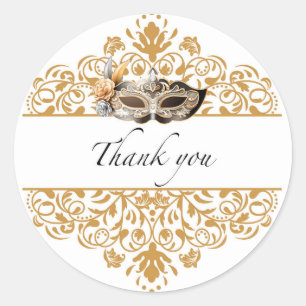 Rond Sticker en Merci Mascarade en or Damask