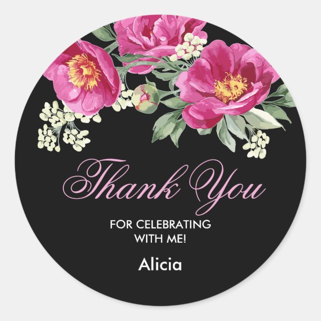 Rond Sticker en Merci noir violet rouge Peony (Devant)