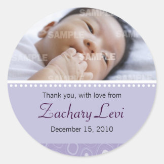Rond Sticker en Merci pour bébé avec goutte violette