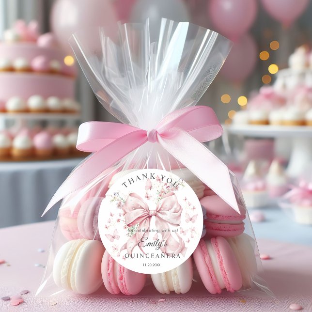 Rond Sticker en Merci Quinceañera (Elegant Pink Bow Pearls Quinceañera Thank you Stickers)