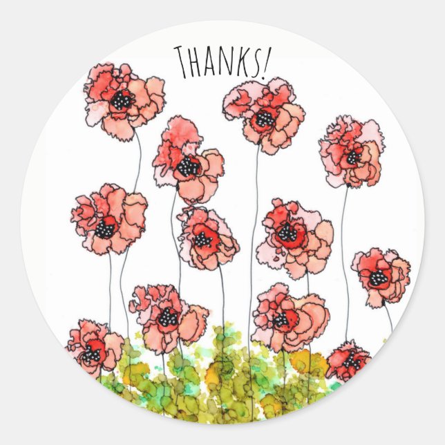 Rond Sticker en Merci Whimsical Red Poppy Fleurs (Devant)