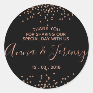 Rond Sticker en or et en Confetti noir Merci Rose