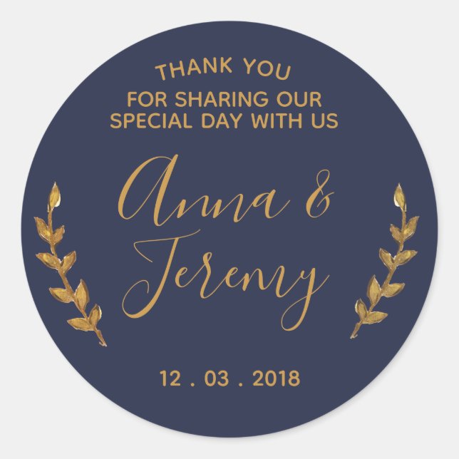 Rond Sticker en or Merci et en plume bleu marine (Devant)