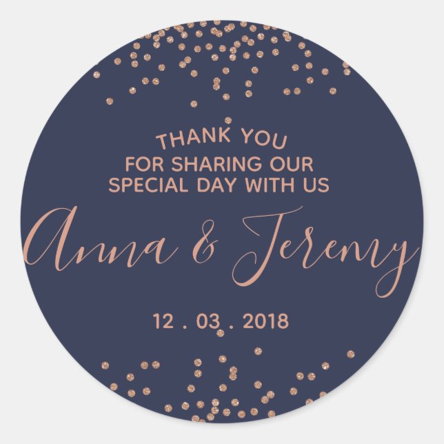Rond Sticker en or Rose Merci et Confetti bleu marine (Devant)
