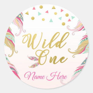 Rond Sticker en plumes vert rose or Wild One
