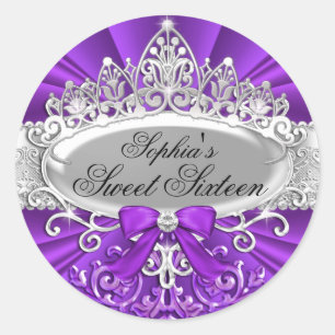 Rond Sticker en Sweet sixteen pourpre Tiara & Damask