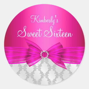 Rond Sticker en Sweet sixteen rose Damask & Bow