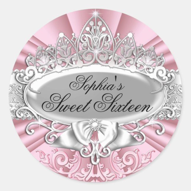 Rond Sticker en Sweet sixteen rose Tiara & Damask (Devant)