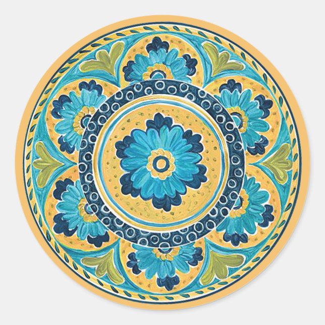 Rond Sticker en tuiles mexicaines Florales Bleues (Devant)