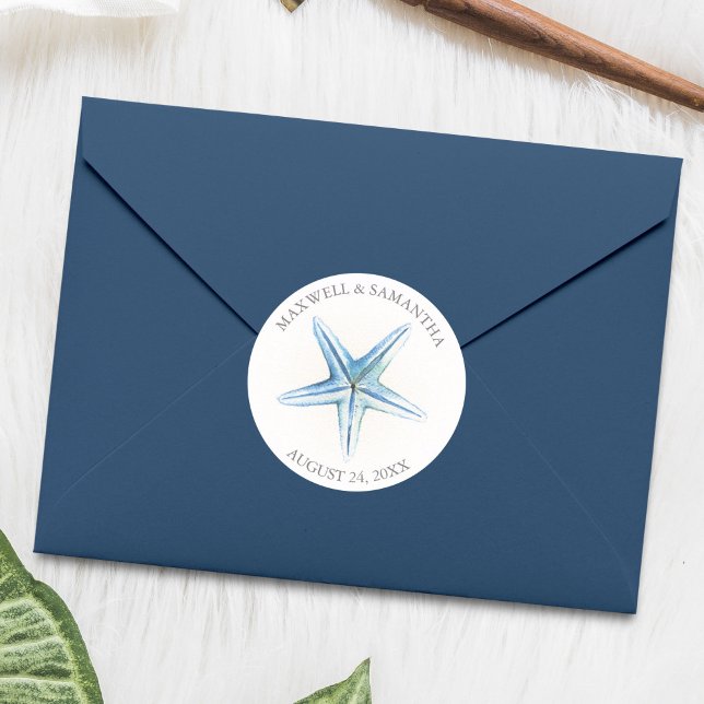 Rond Sticker Envelope Seal, Blue Starfish Beach Wedding (Watercolor blue starfish sticker )