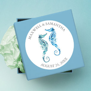 Rond Sticker Envelope Seal, Mariage Blue Seahorse Beach