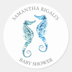Rond Sticker Enveloppe Seal, Baby shower Blue Seahorse