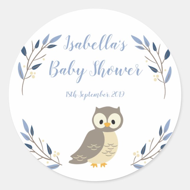 Rond Sticker Faveur Baby shower de la Chouette des bois (Devant)