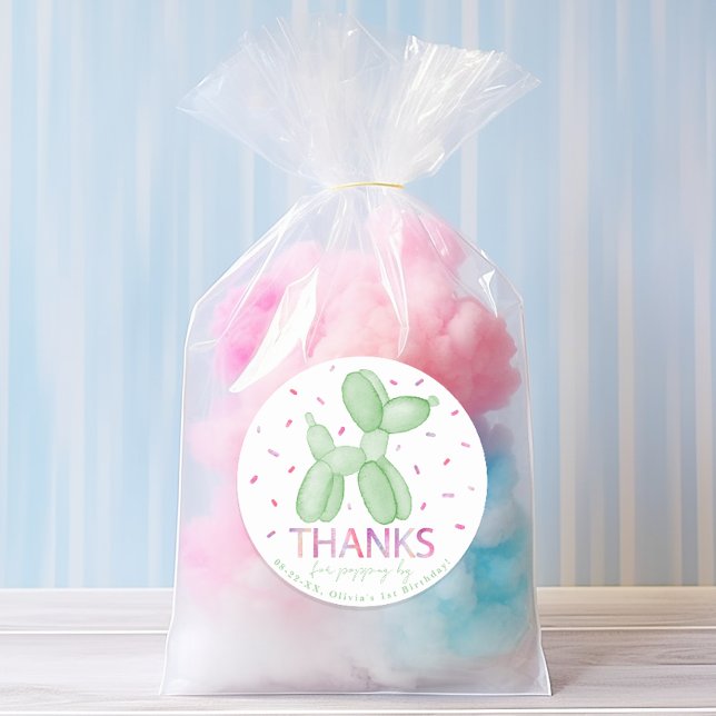 Rond Sticker Faveur Chien Balloon Vert (balloon animals party theme birthday party favor)