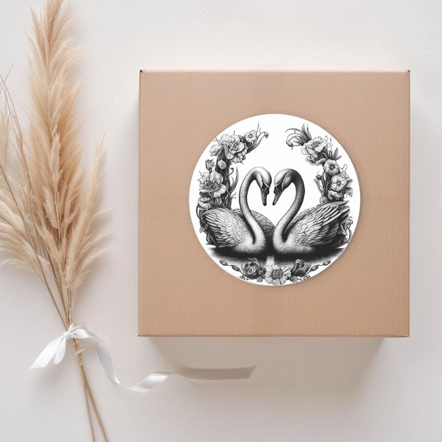 Rond Sticker Favor Inséparables de mariage Swan Lake (Black and White Love Birds)
