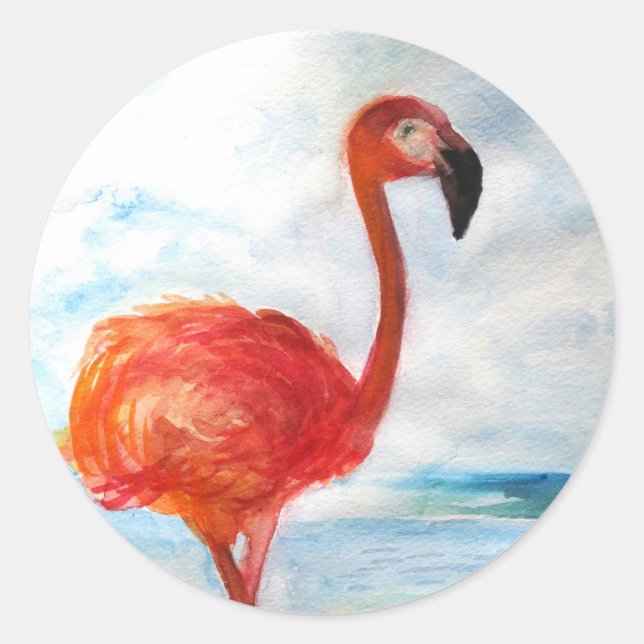 Rond Sticker Flamant rose rose, Flamant rose aquarelle  (Devant)