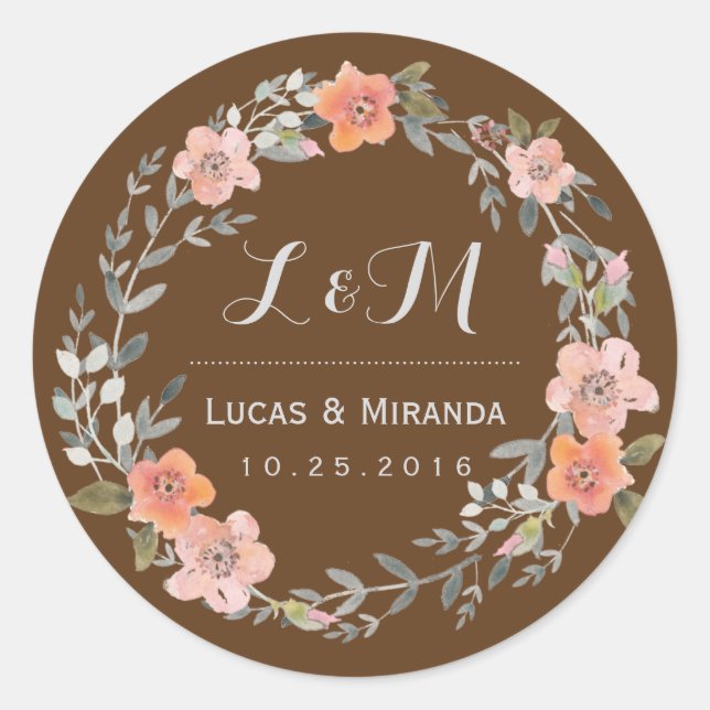 Rond Sticker Fleur Brown Rustique Wreath Wedding Favor (Devant)