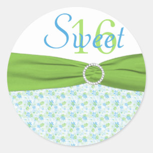 Rond Sticker Floral 16 vert, bleu et blanc