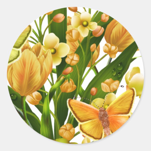 Rond Sticker floral jaune et vert avec papillon (Devant)