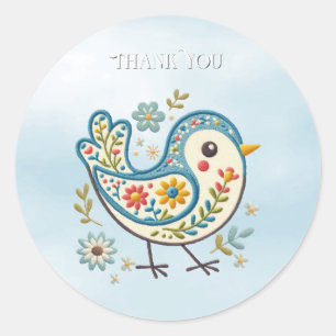 Rond Sticker Floral Oiseau Bleu