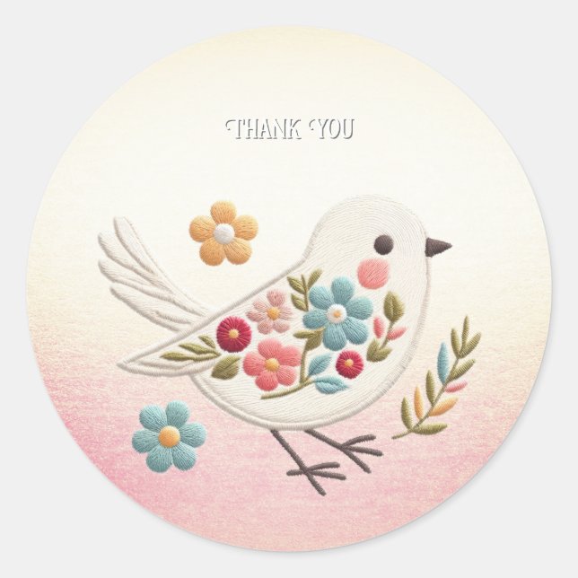 Rond Sticker Floral Petit Oiseau Blanc (Devant)