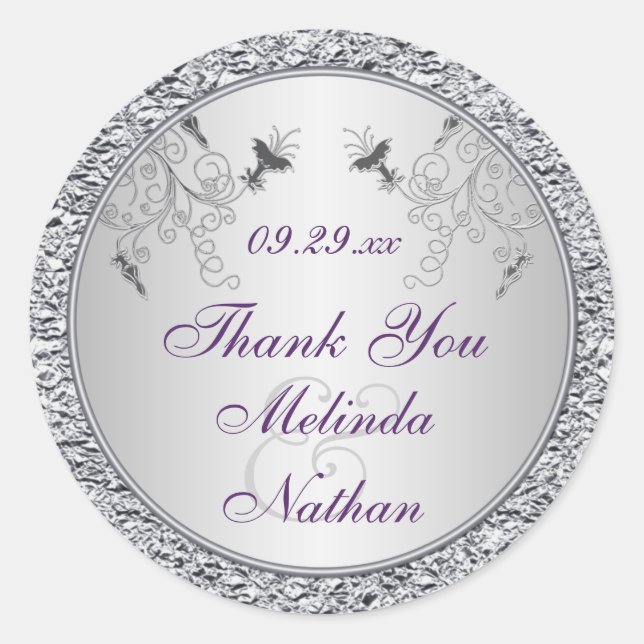 Rond Sticker Foil Mariage Foil Argent Violet Faveur (Devant)