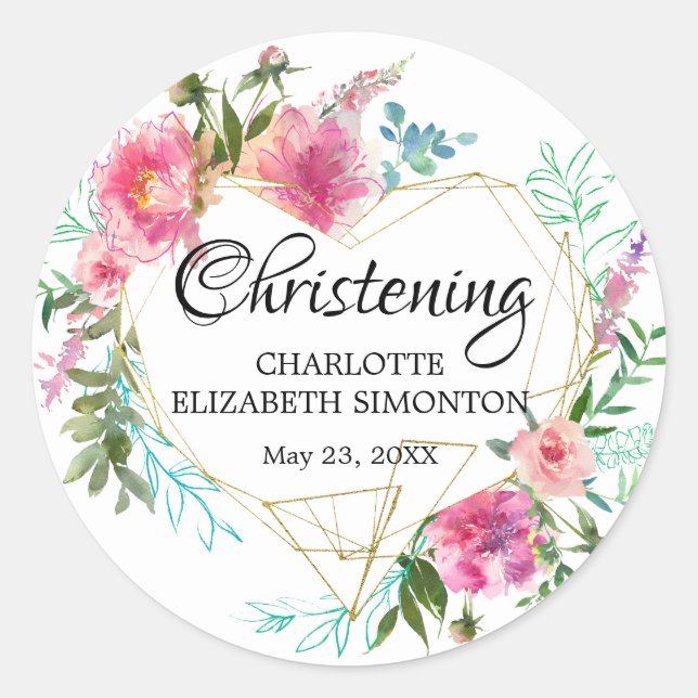 Rond Sticker géométrique rose et or Christening (Devant)